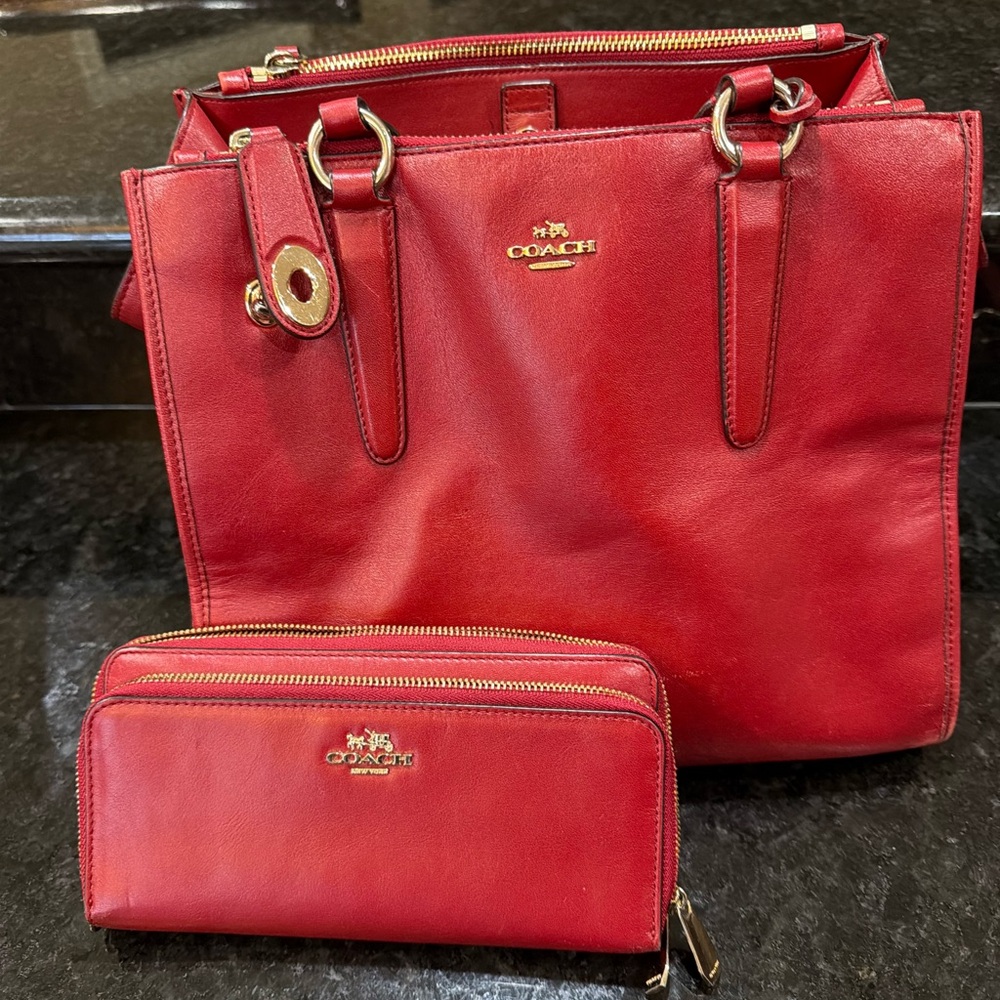 Coach Red Glovetanned Leather Satchel + Matching Wallet Set